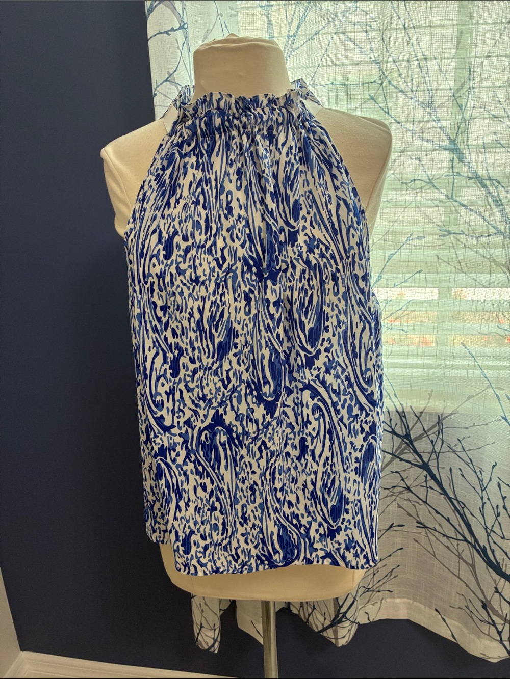 Vince Camuto Blue and White Printed Halter Top with White Ties